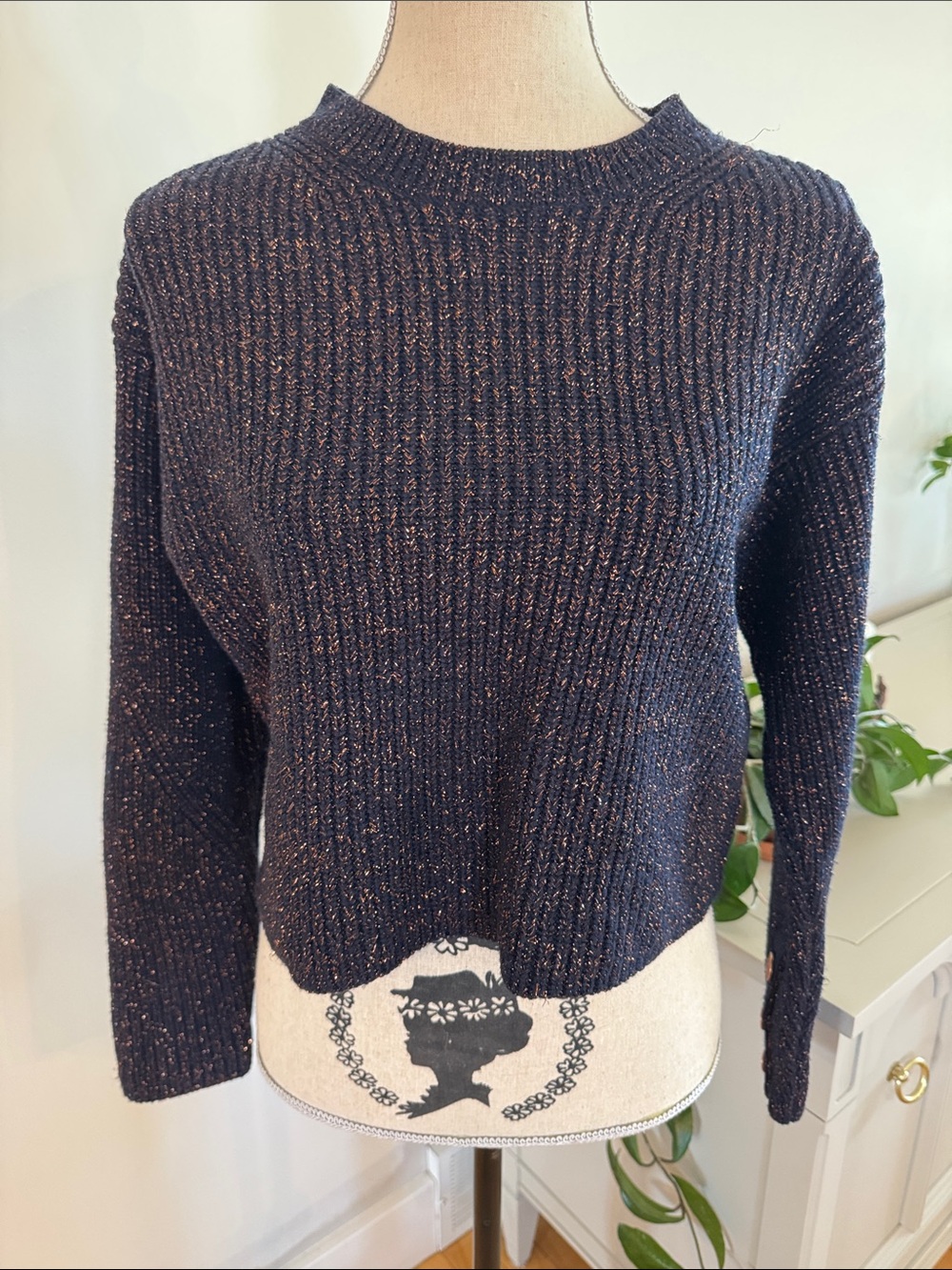 rag & bone Navy/purple Metallic Ribbed Crewneck Sweater merino wool